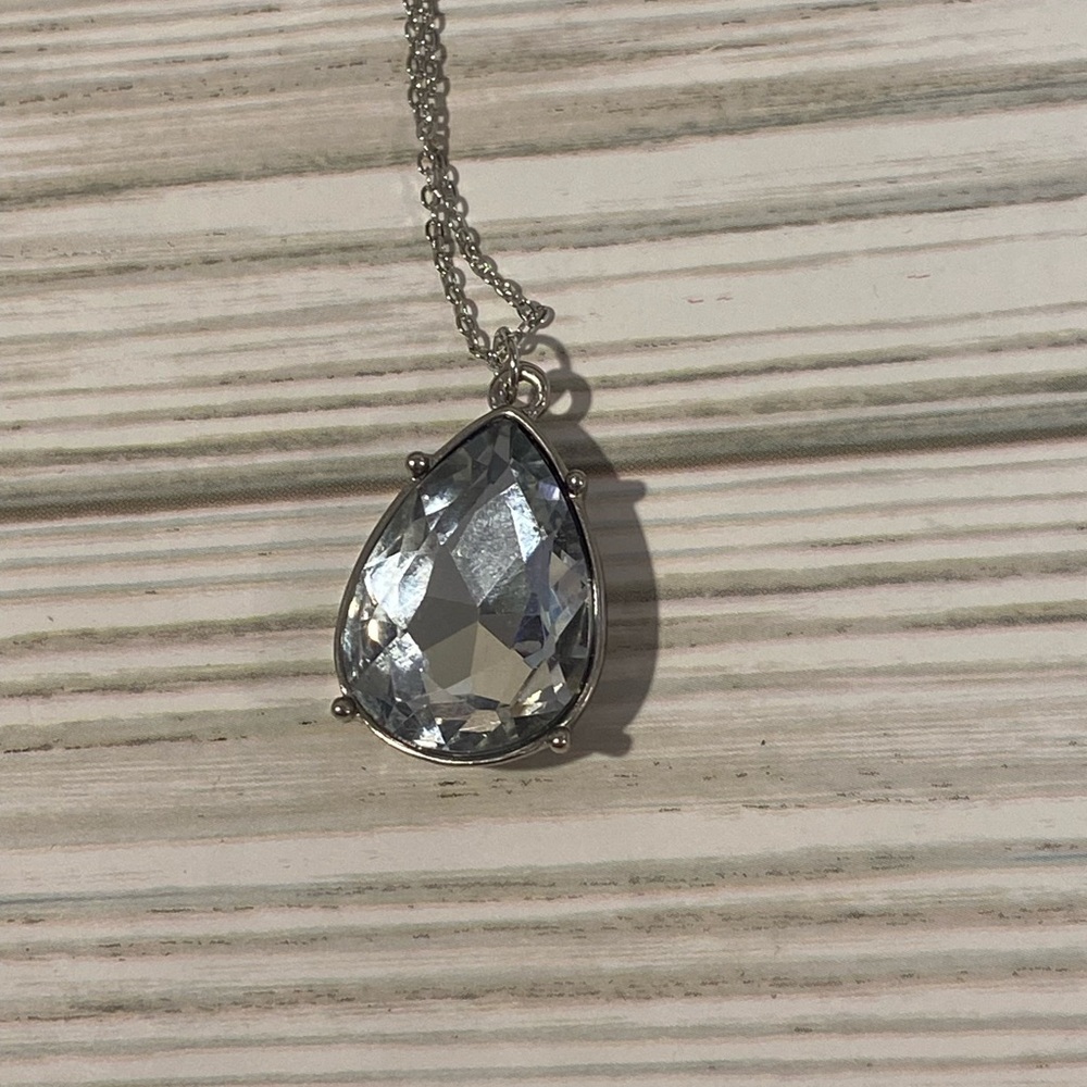 Charter Club Teardrop Pendant Necklace Silver Tone Large Faceted Crystal NWT